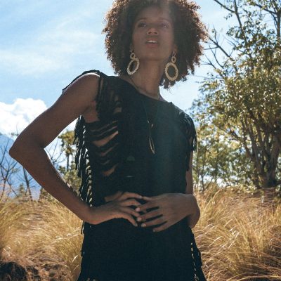 Black Boho Top Bohemian Frayed Tee Hand Loomed