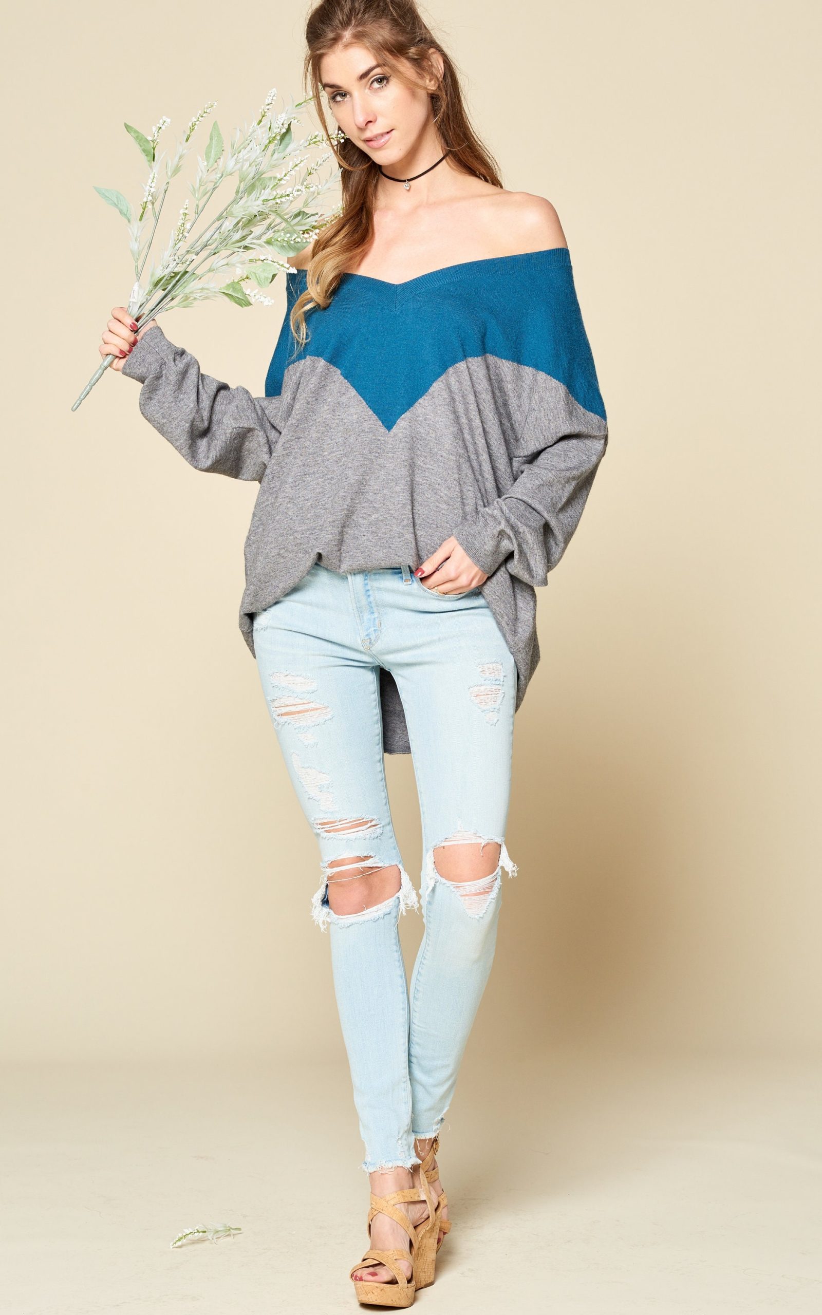Color Block V Neck Pullover Sweater: Soft Stretchy