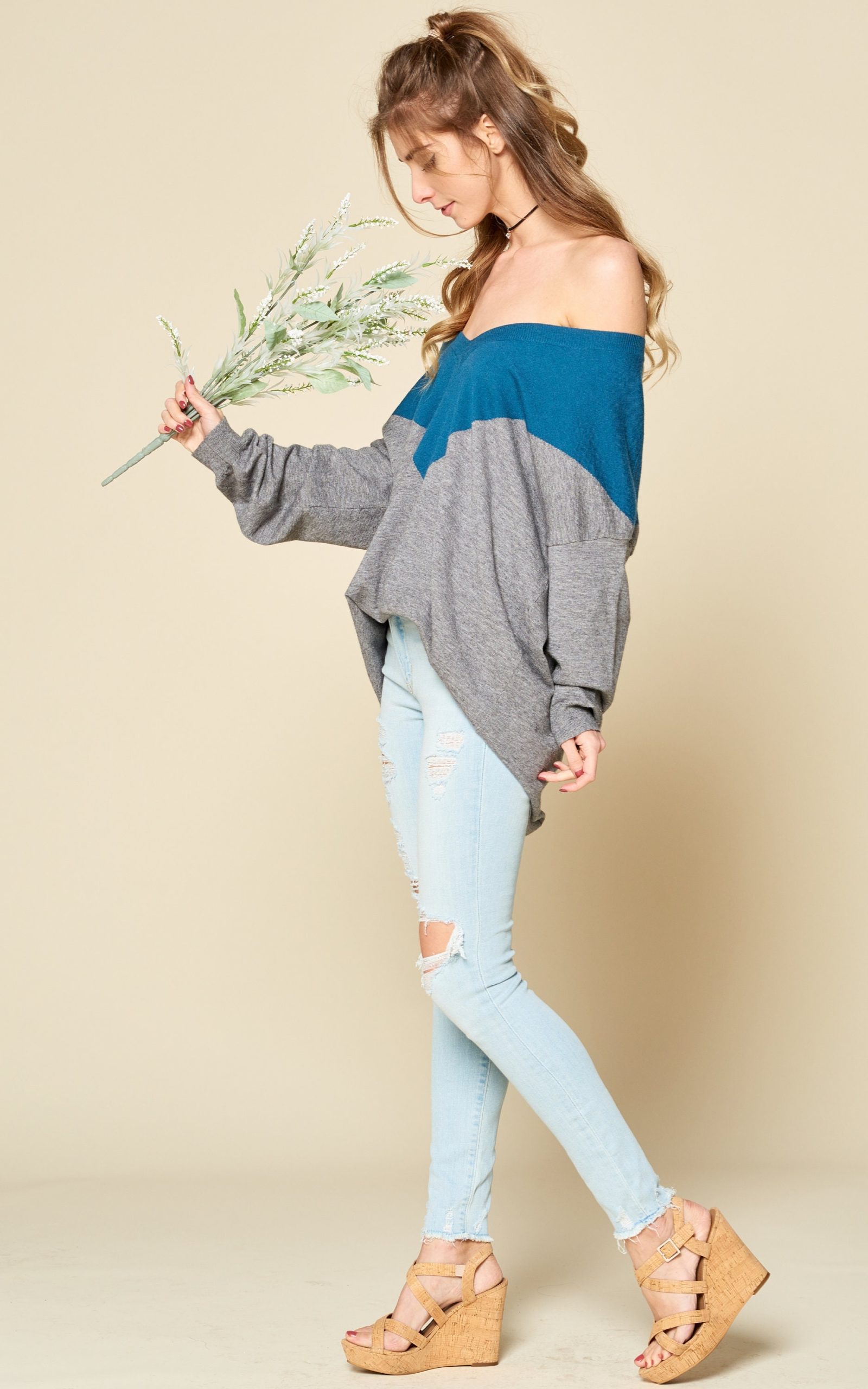 Color Block V Neck Pullover Sweater: Soft Stretchy