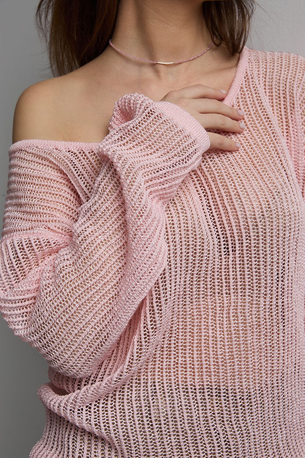 Soft Glossy Sweater Translucent Top Cold Shoulder Long