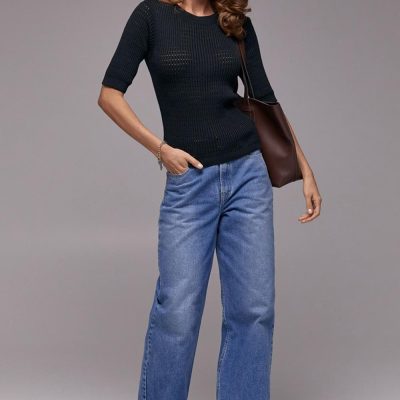 Fitted Sweater Top Half Sleeve Jumper Cotton Crewneck