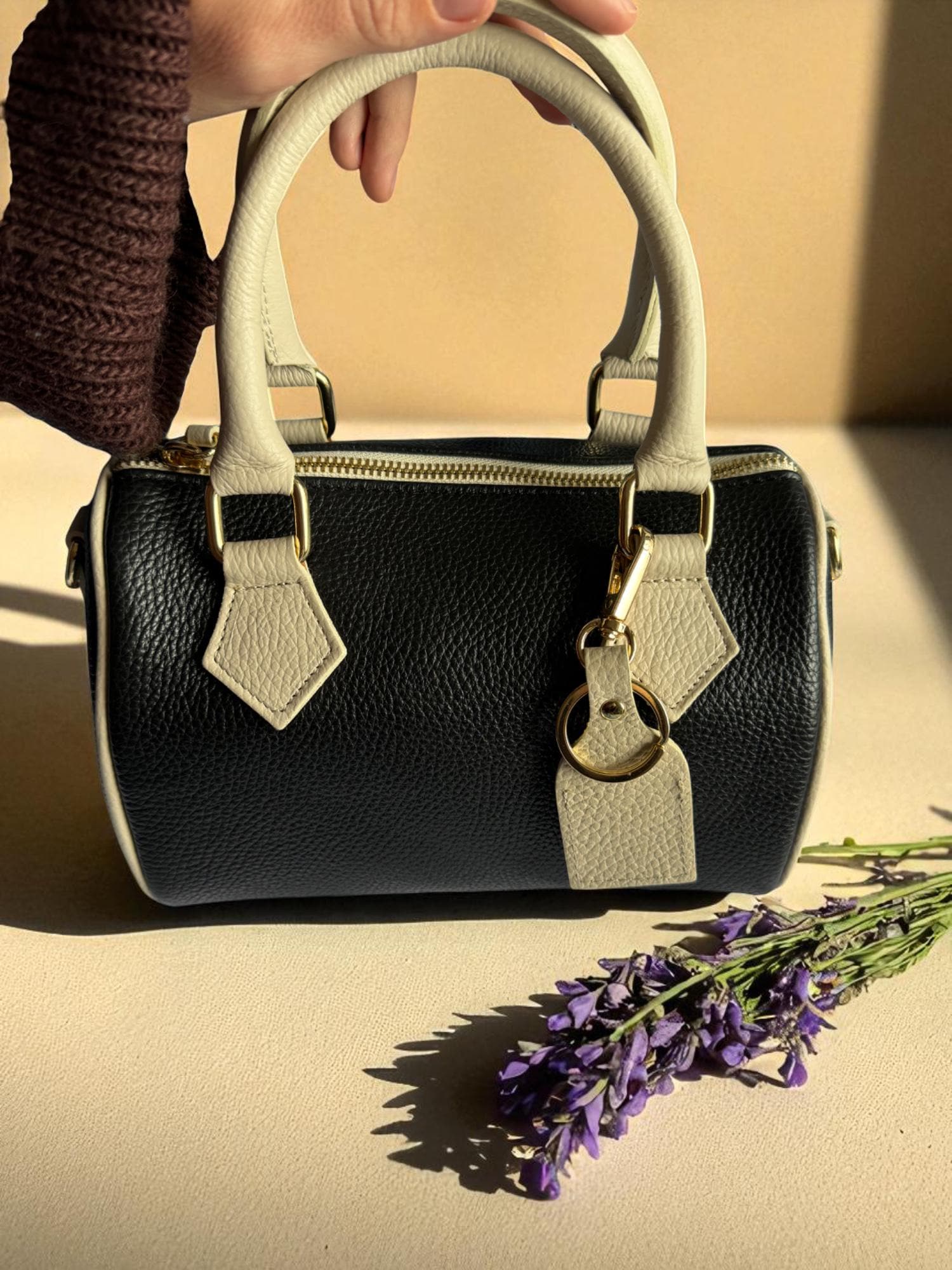 Two Tone Italian Leather Boston Bag Handmade Top